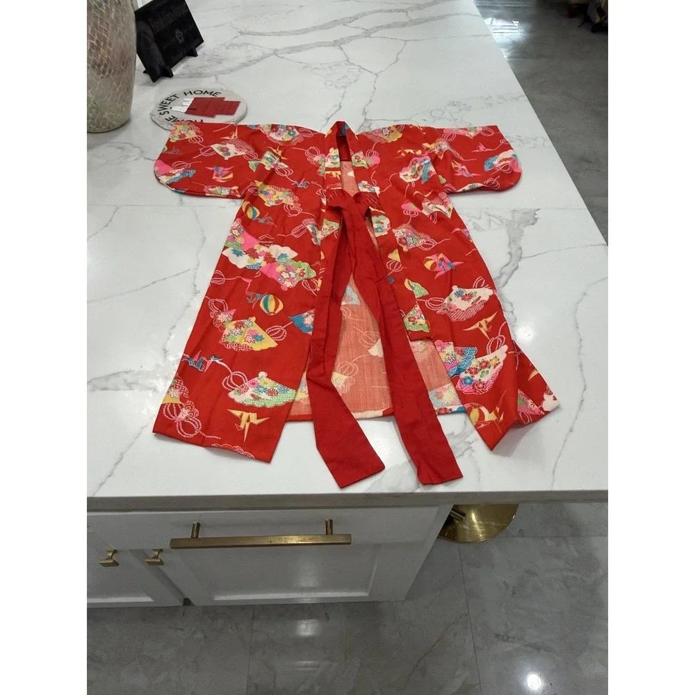 Kimono Kaftan Dress Girls 3-4 Years Red Floral V Neck Short Sleeve Japanese‎